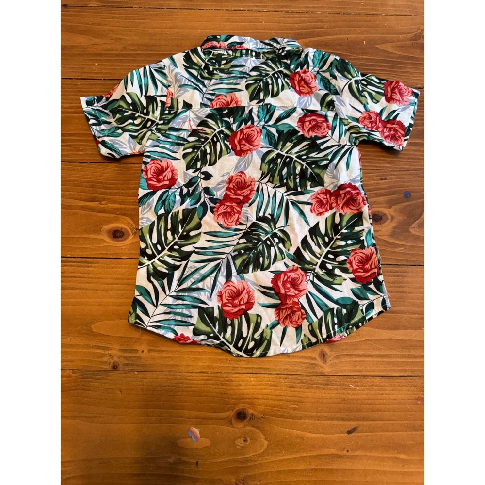 Boys Tropical Rose Leaf Print Short Sleeve‎ Button Up Shirt Size 90